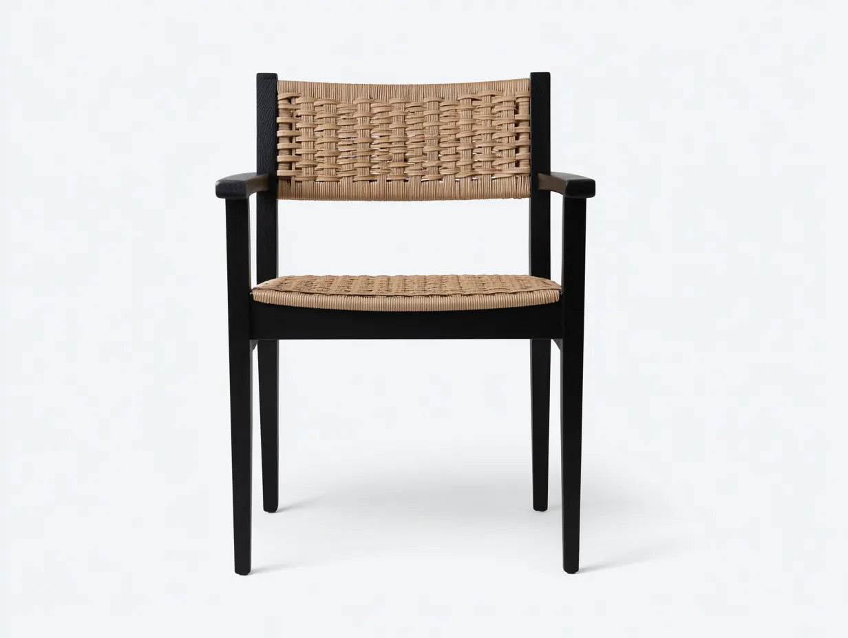 Esszimmerstuhl 58×60×84 cm – Schwarz Natur – Outdoor Stuhl mit gewebter Sitzfläche und Armlehnen
